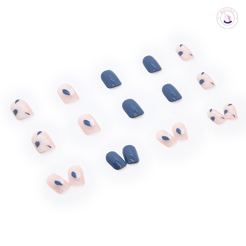 Bộ 24 Móng Tay Giả Màu Xanh Dương Bóng Trang Trí Hoa Thời Trang Pháp Cho Nữ