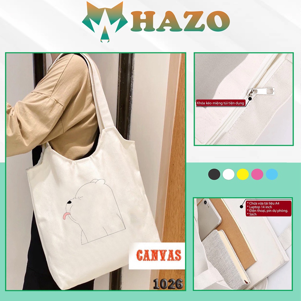 Túi Tote Trắng Chất Vải Canvas 503 1026 Bear Lè Lưỡi Dễ Thương Hàng Chuẩn Đẹp - Hazo