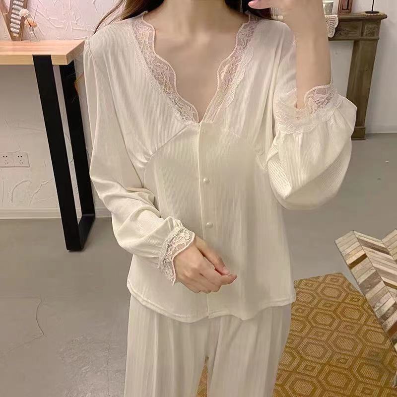 Bộ đồ ngủ tay dài phối ren phong cách thời trang xuân thu thiết kế mới dành cho nữ