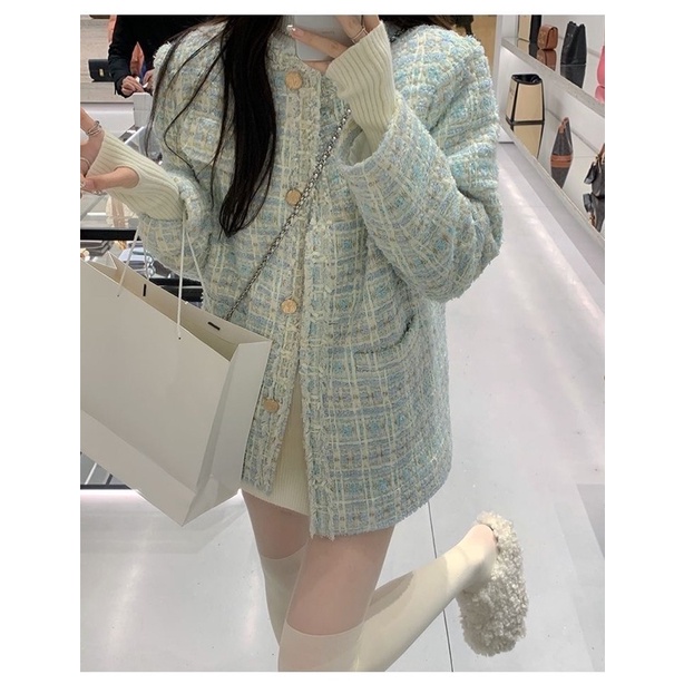 Áo Khoác Dạ Tweed Dáng Dài Xanh Ngọc Cúc Vàng