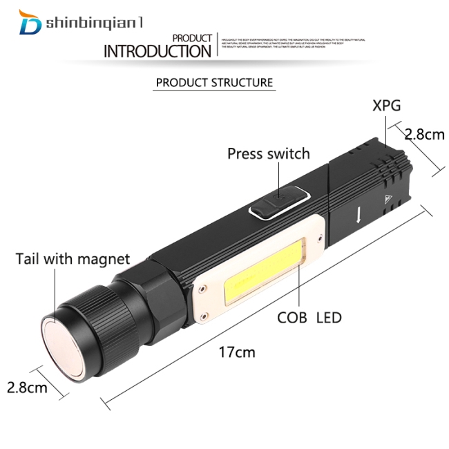 Đèn Pin XPG+COB ánh sáng đỏ góc 90 độ có thể sạc pin