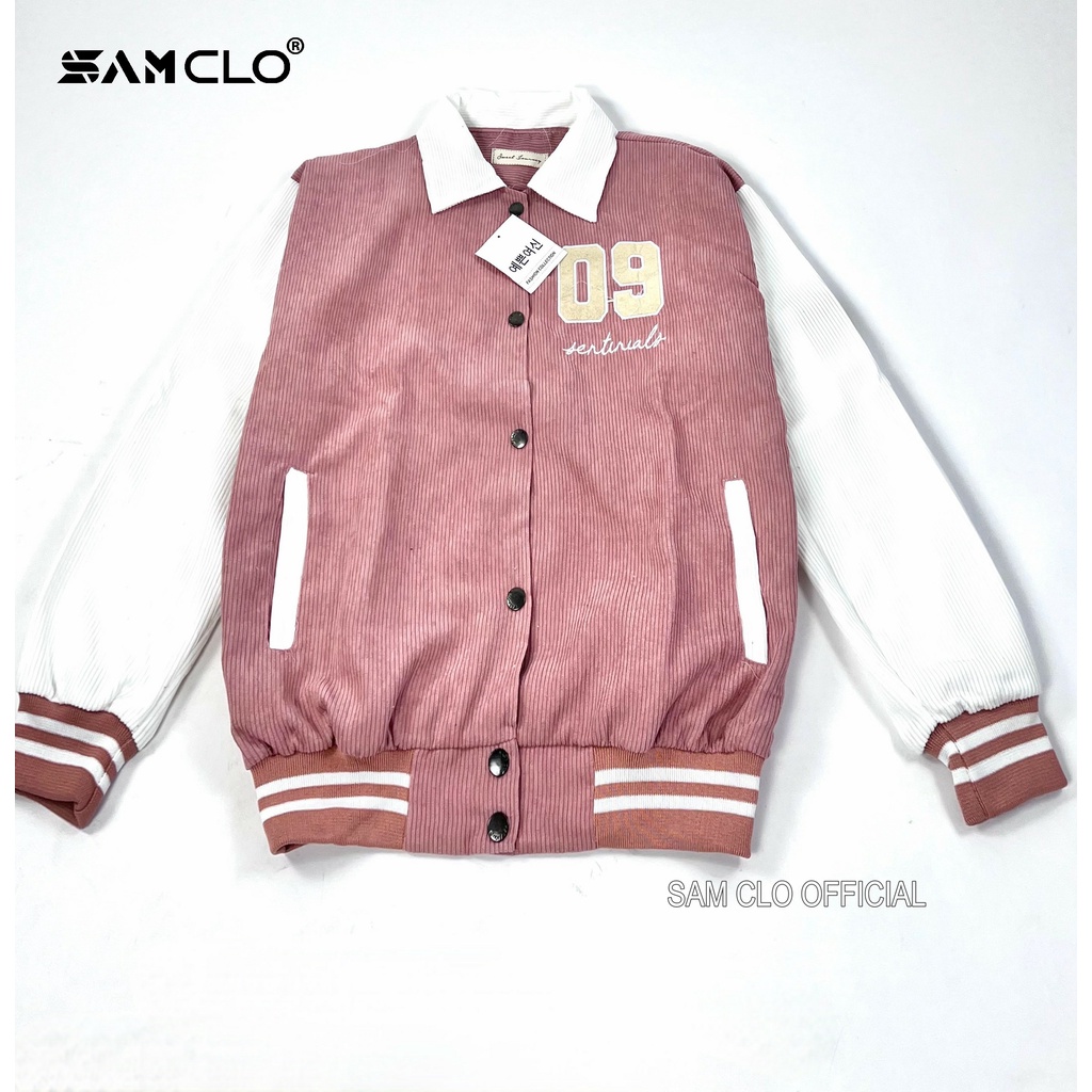 Áo khoác NHUNG bomber CÀI NÚT freesize SAM CLO form rộng nam nữ unisex mặc cặp - couple CÓ CỔ thêu số 09