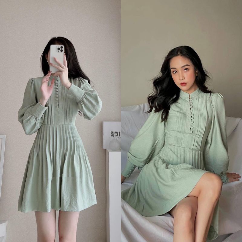 [HCM - Hỏa tốc] Đầm Váy Babydoll Tay Phồng Dài Xếp Ly Nút Ngực Màu Xanh Mint, Màu Trắng - BUNS STORE