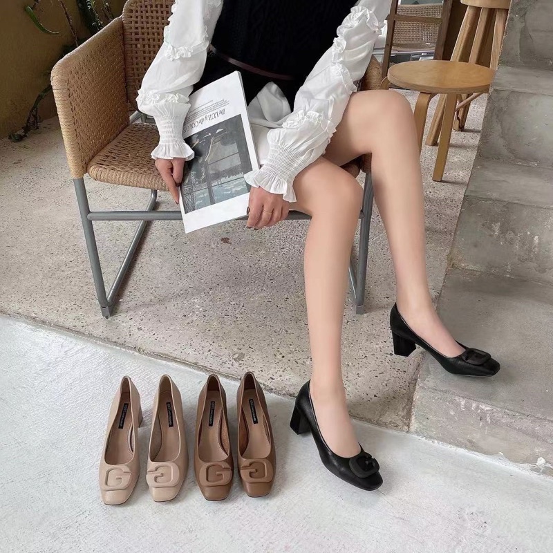 Giày cao gót da mềm gót vuông chữ G công sở