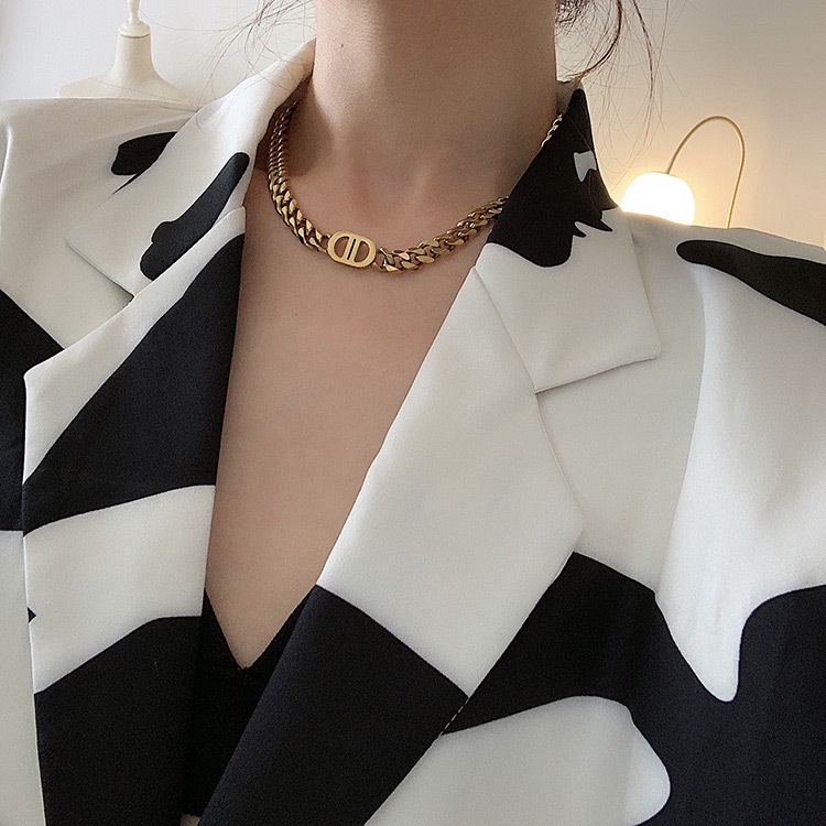 Dây chuyền mẫu 19A1376 dạng chuỗi màu vàng/ bạc dày mặt chữ D thời trang phong cách hip hop dành cho cặp đôi