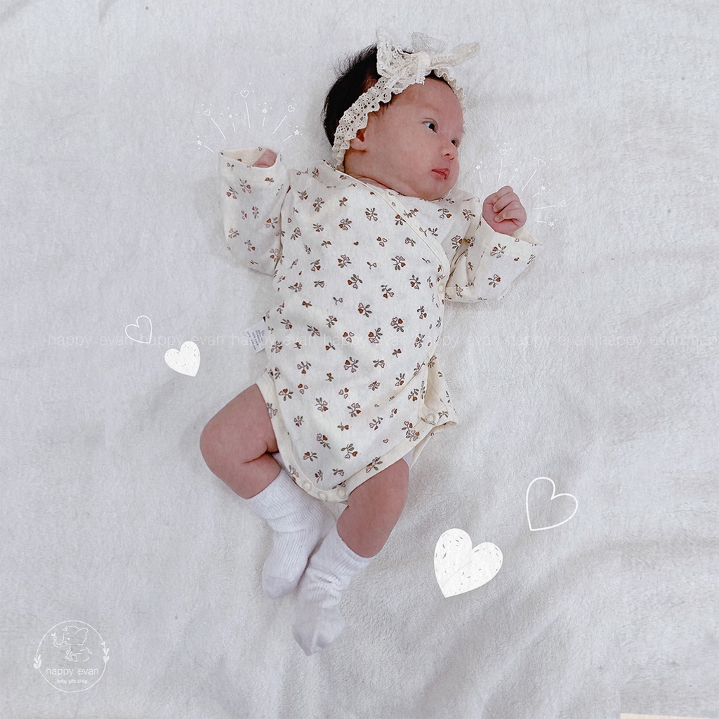 🅷.🄴🅅🄰🄽 [Auth Tiny People] Body dài tay vạt chéo giữ ấm, vải bông mềm mại, siêu co giãn, hoạ tiết Hàn Quốc. [Happy Evan]