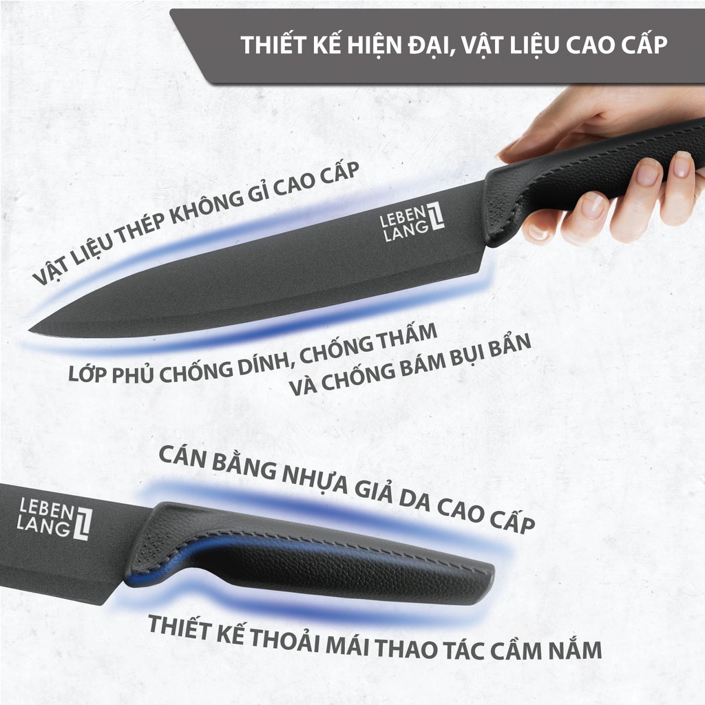 Bộ dao nhà bếp LEBENLANG LBKK0607 gồm 5 món, lưỡi dao chống dính, tay cầm chống trơn - hàng chính hãng