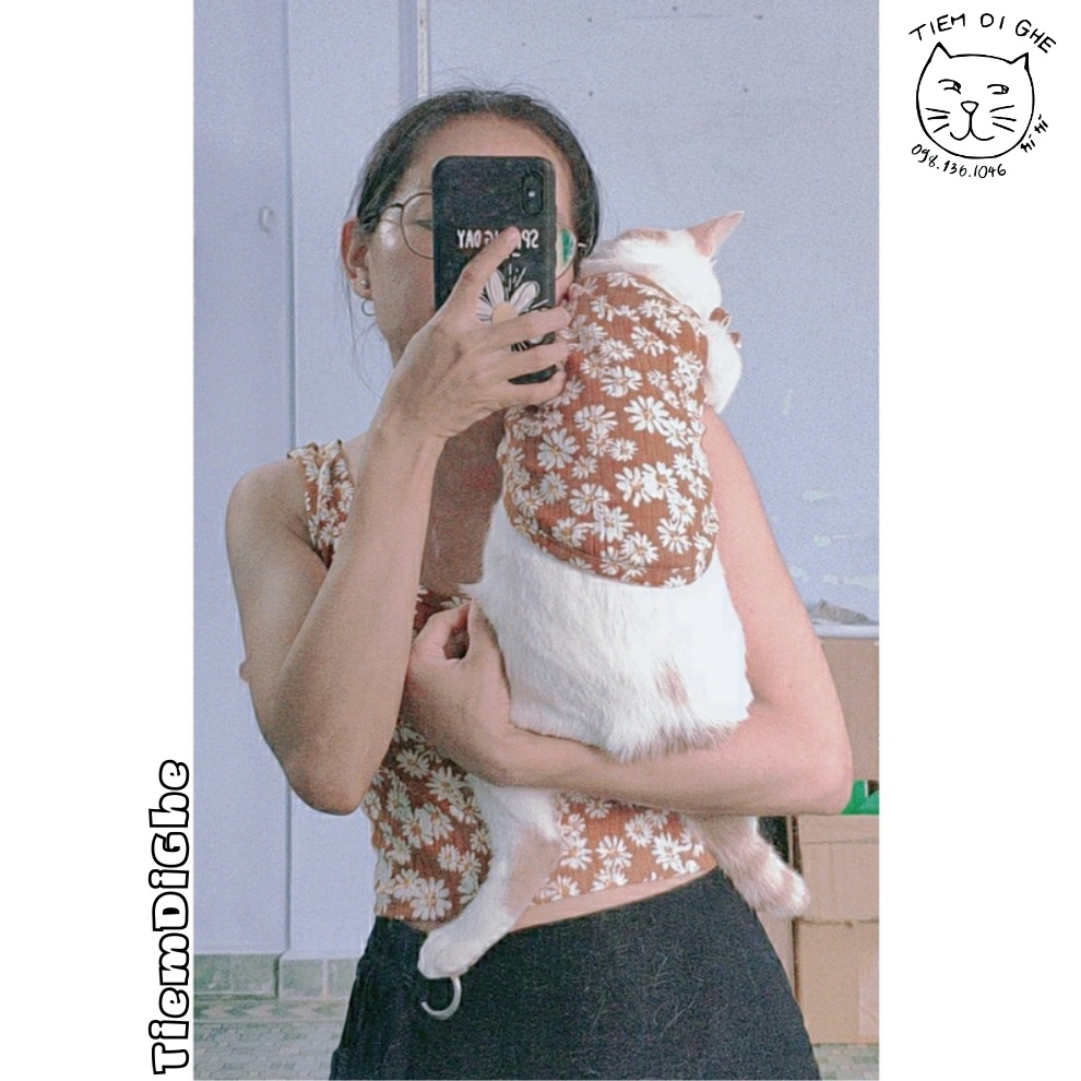 TDG025 - ÁO DÂY THÚ CƯNG - ÁO BA LỖ CHÓ MÈO HỌA TIẾT HOA CÚC NÂU