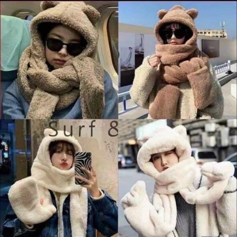Mũ Lông Cừu Liền Khăn Và Găng Tay Tai Gấu Trùm Đầu Choàng Cổ Cao Cấp Cực Ấm Áp