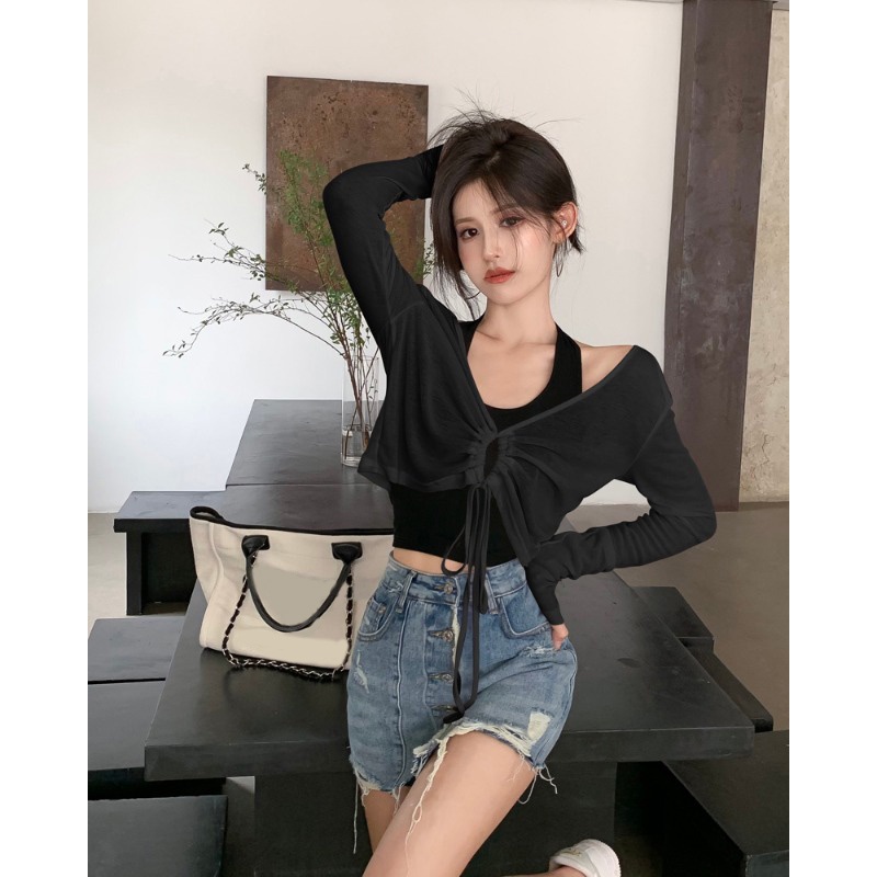 Cocory vn Set Áo Hai Dây Dệt Kim Cổ Chữ U + Áo Khoác Tay Dài Dáng Rộng Thời Trang Mùa Hè Cho Nữ