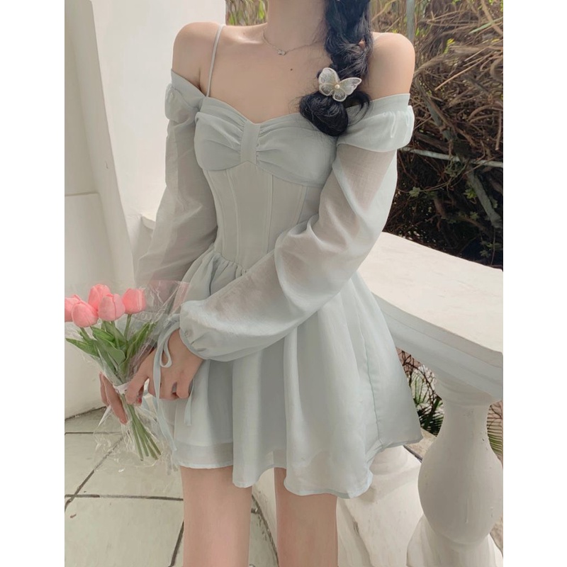 [hàng QC] Đầm trắng trễ vai phối nơ ngực chất xô thêu có lót toàn thân chân váy đuôi cá