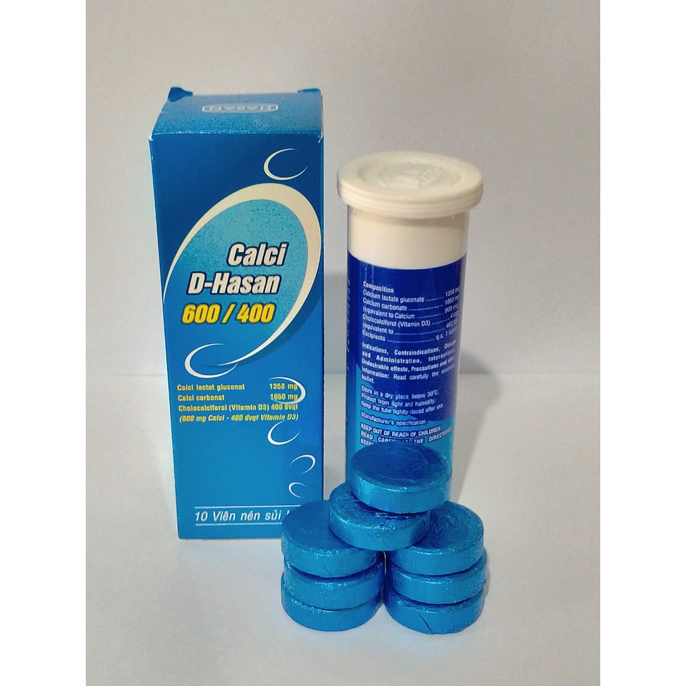 CALCI D HASAN 600/400 TUB 10 VIÊN SỦI BỌT Hỗ trợ bổ sung canxi và Vitamin D cho người lớn..