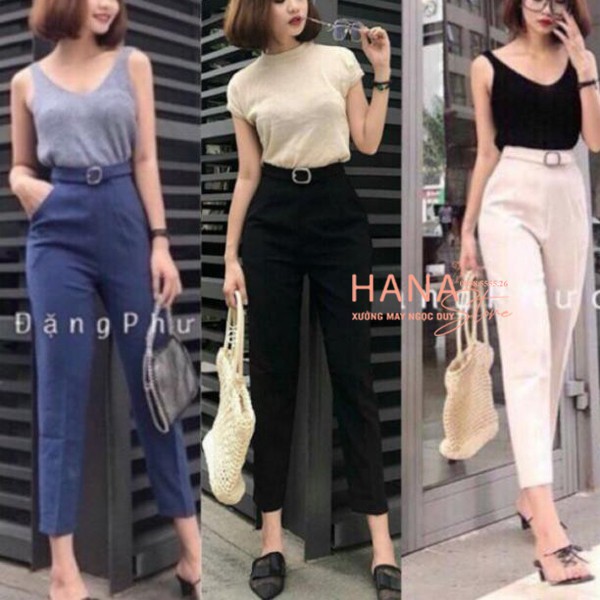 Quần baggy vải kèm đai vuông chất sắt cúc bấm lệch cạp lưng cao màu đen - Vải dày dặn mềm mịn Mặc đi làm công sở đi học