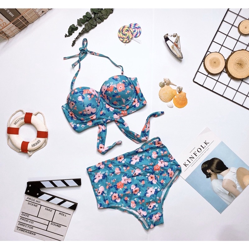 Set đồ bơi bikini nữ hoa nhí xanh lá cúp ngực quần cạp cao siêu xinh