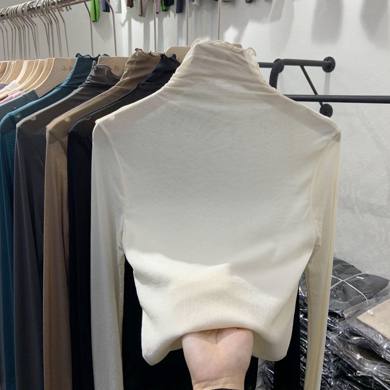 Áo thun nữ tay dài phối ren lưới màu sắc thanh lịch