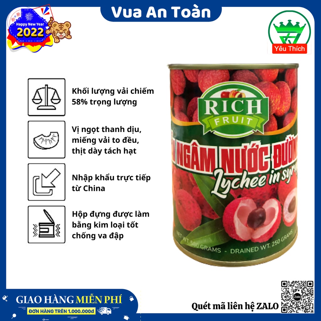 Vải Thiều Ngâm Nước Đường Rich 565gram có 15 trái to