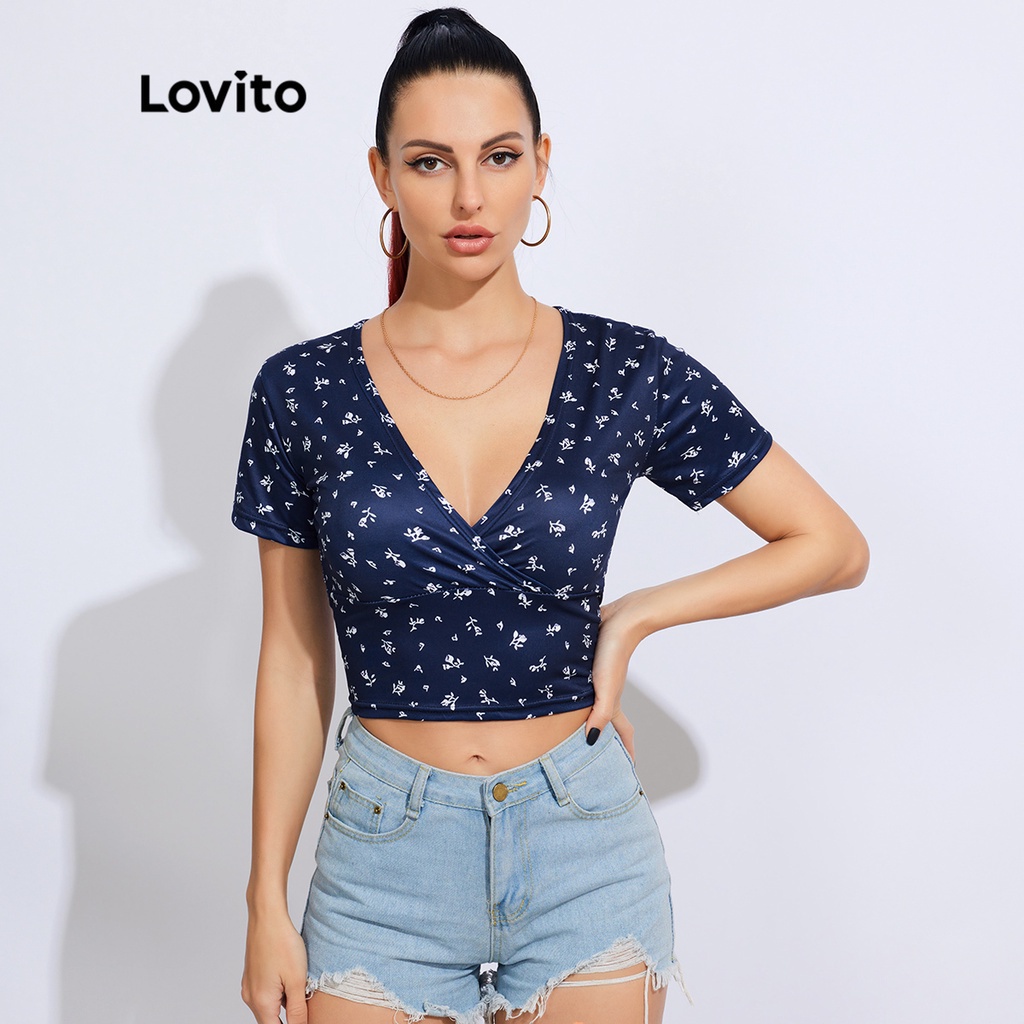 Áo thun Lovito phong cách vintage in hoa nhí cổ V khoét sâu cơ bản L18X480 (Xanh lam đậm/Trắng)