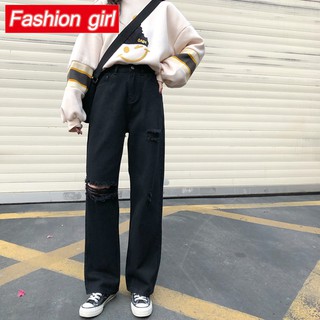 Quần Jeans Dài Lưng Cao Phối Rách Cá Tính Thời Trang Thu Đông Cho Nữ