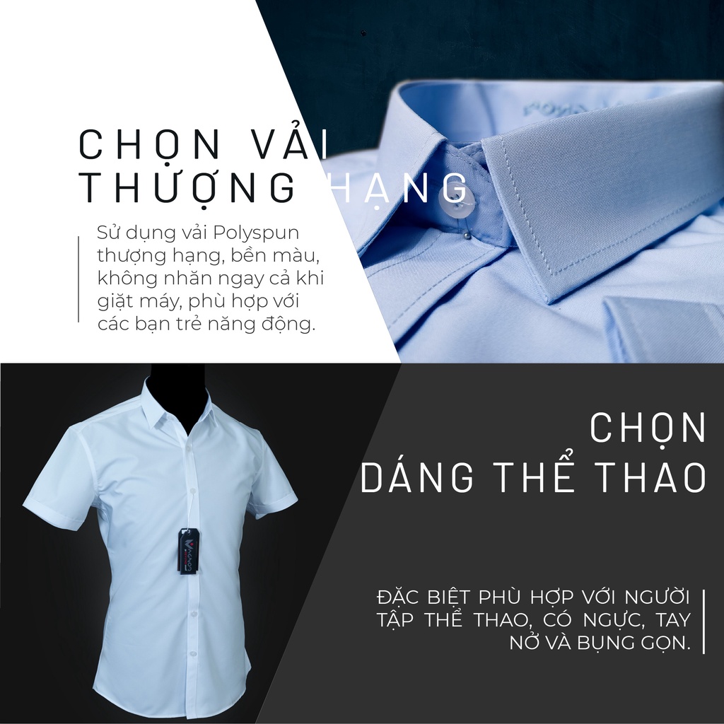 Áo sơ mi nam ngắn tay HTSM MAGNOR vải Polyspun trơn, chống nhăn, cổ bẻ, dáng slimfit công sở không túi ngực