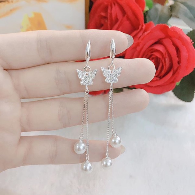 Bông tai nữ bạc đẹp dáng dài hình bướm gắn hạt châu nữ tính - Khuyên tai bạc BIBI
