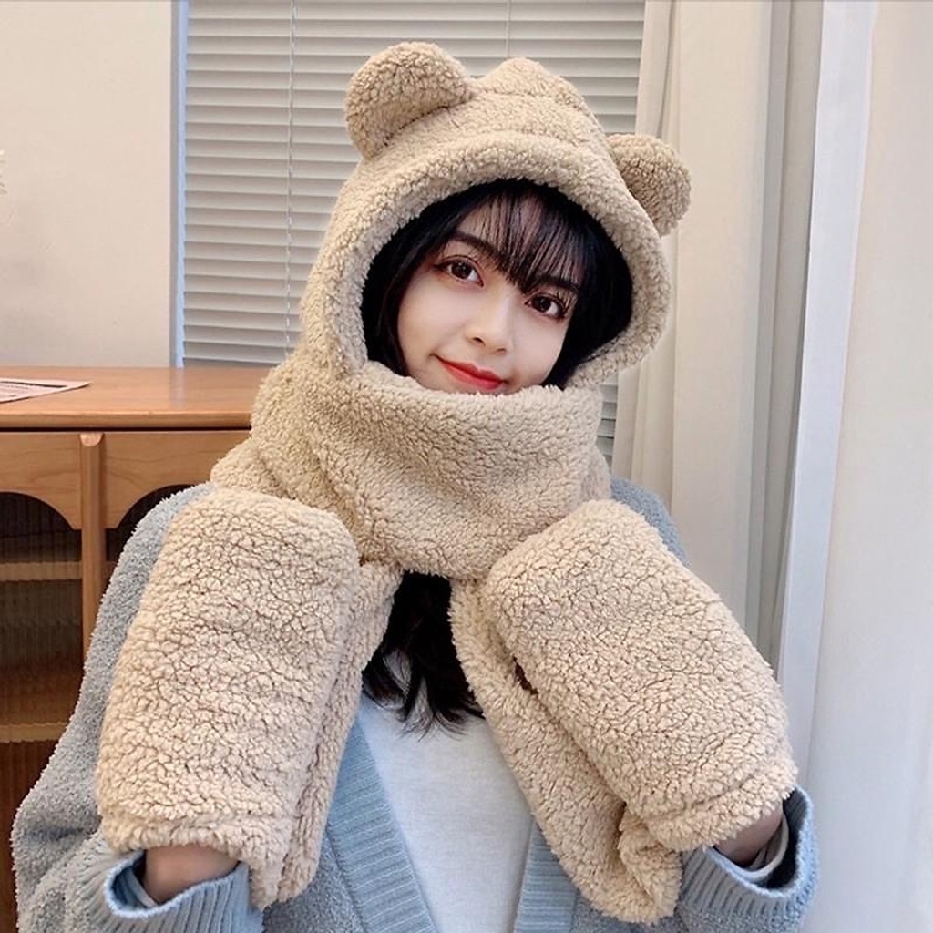 Mũ lông Cừu 3in1 tai gấu 💚CAM KẾT CHUẨN💚 Mũ kèm khăn quàng cổ và sỏ tay kiểu dáng hàng quốc