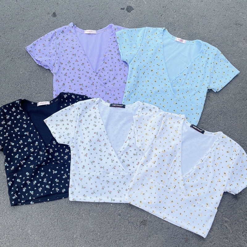 Áo đắp chéo hoa nhí croptop thun borip - B5N