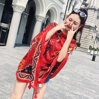 Khăn choàng boho đi biển (Khăn choàng thổ cẩm đỏ) - Mã LN002