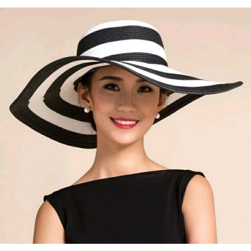Mũ đi biển gấp gọn sọc trắng đen thời trang nón rộng vành cho nữ Lh0917399527