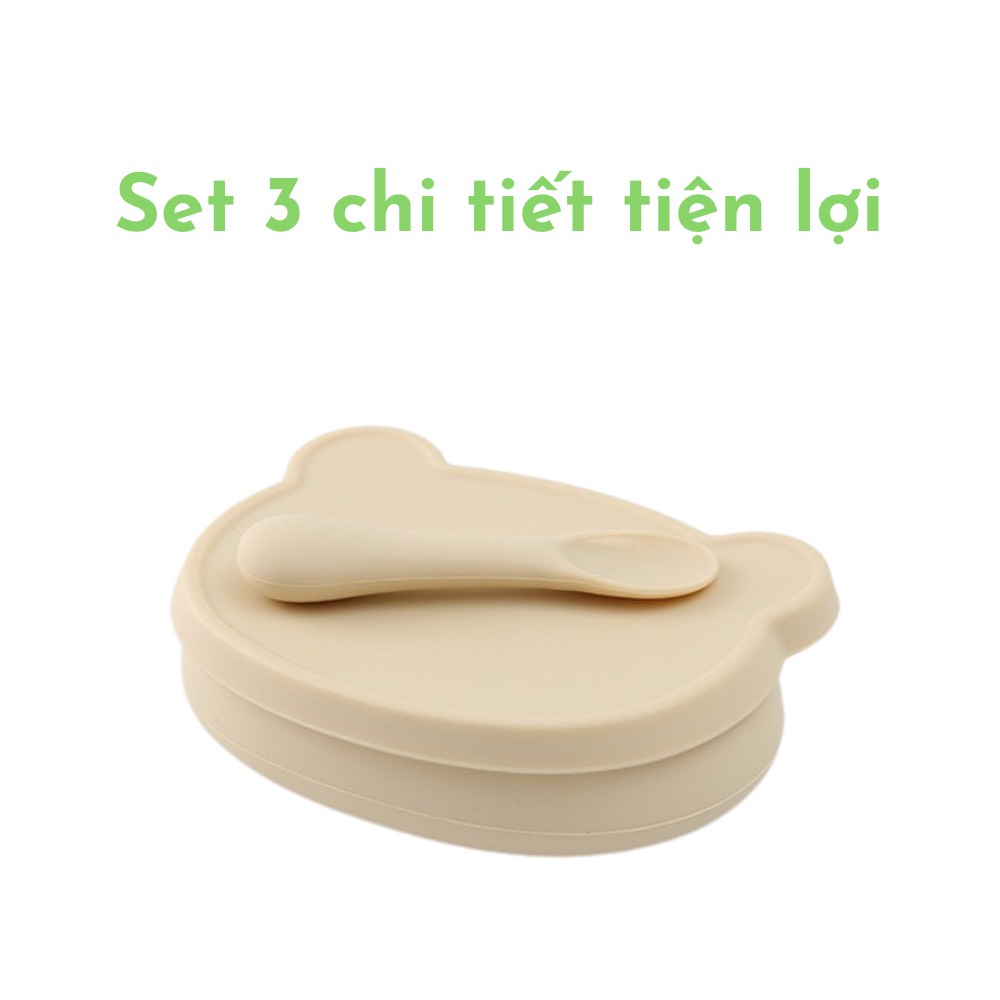 Set ăn dặm silicon 3 chi tiết: bát ăn dặm silicon, thìa muỗng silicon kèm khay ăn dặm silicon kiêm nắp đậy Bobby Doll