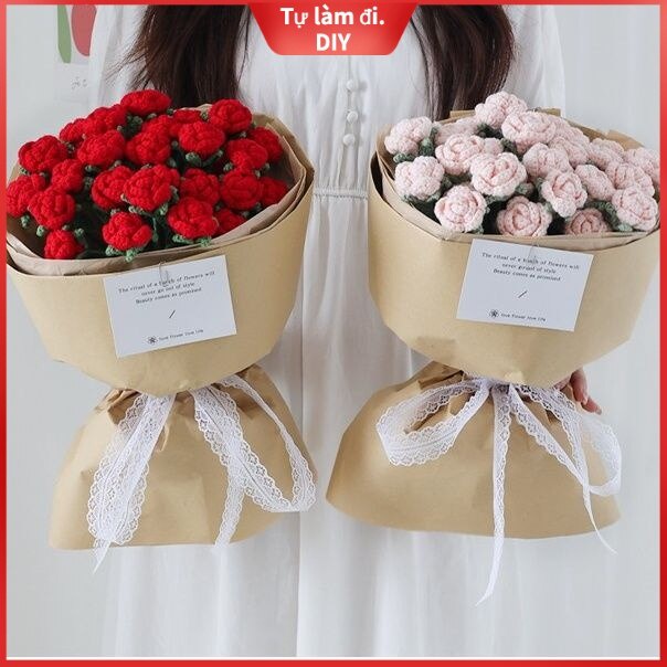 hoa hồng dệt kim tự làm bằng len. Bộ chất liệu đan. Hoa hồng móc. Quà tặng bó hoa ngày lễ tình nhân cho con gái hoặc con trai#hoa len#hoa handmade#đan len handmade