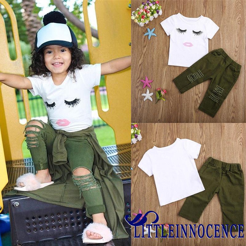 ❤XZQ-Newborn Kids Baby Girls Eyelash Tops T-shirt +Hole Hot Pants Outfits Set Clothes