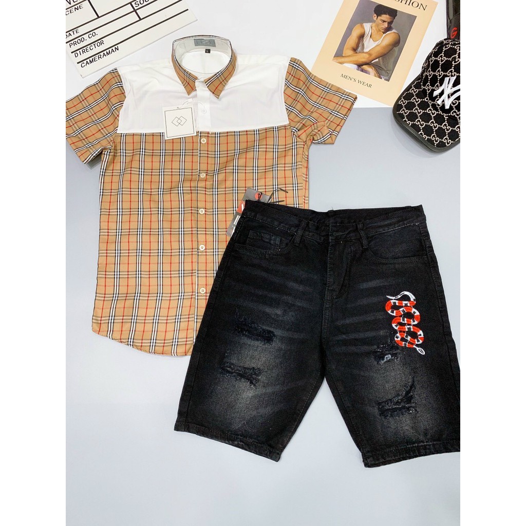 Quần short jean nam thêu rắn xanh độc lạ vải dày dặn co giãn bốn chiều cao cấp giá rẻ form regular 005
