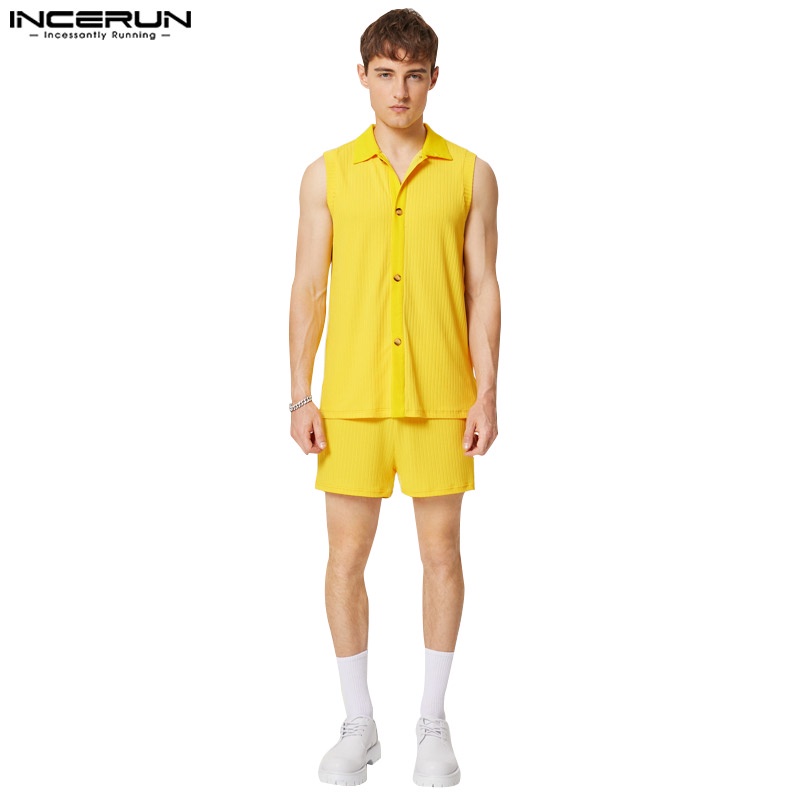 Bộ áo không tay và quần short INCERUN dệt kim màu trơn đơn giản cho nam
