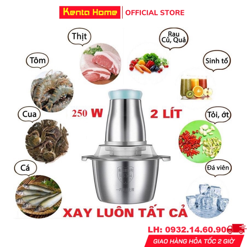 Máy xay thịt đa năng cối Inox 304 dung tích 2L, 4 Lưỡi Dao Thép Không Gỉ, Xay Rau Củ Thịt Cá Tiện Lợi - Bảo Hành 6 Tháng