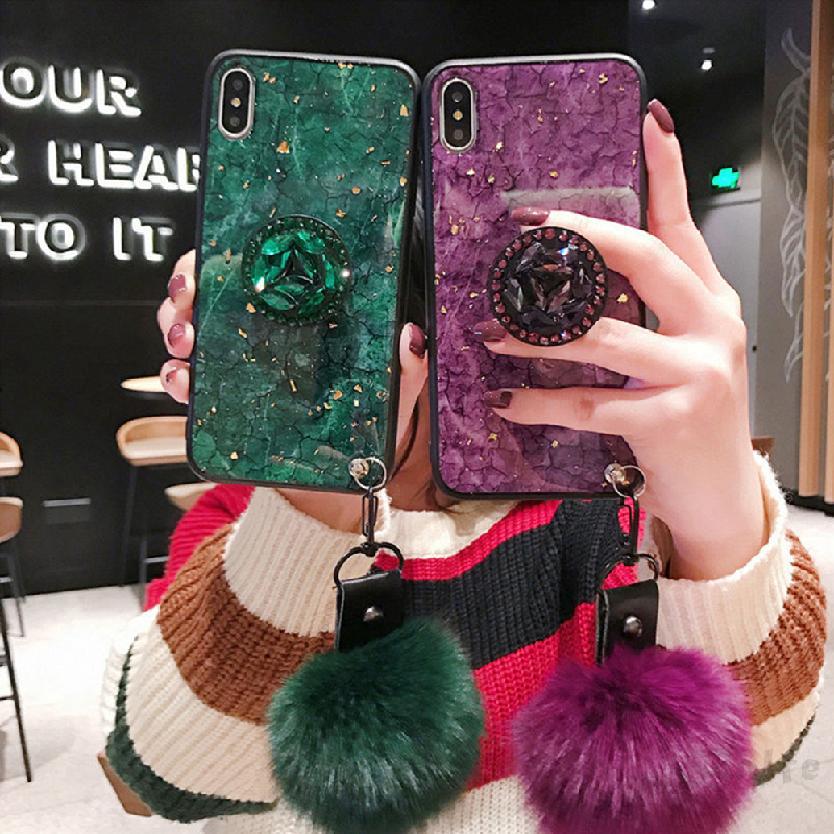 Ốp điện thoại đính đá có giá đỡ & bóng lông cho Iphone 6/6s/6+/6s+/7/+/8/+/X/Xr/Xs/Max