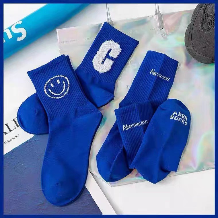 Tất Vớ Dài Cổ Cao Nam Nữ Họa Tiết Thêu Dệt Màu Blue cotton thấm hút, giá siêu rẻ mềm