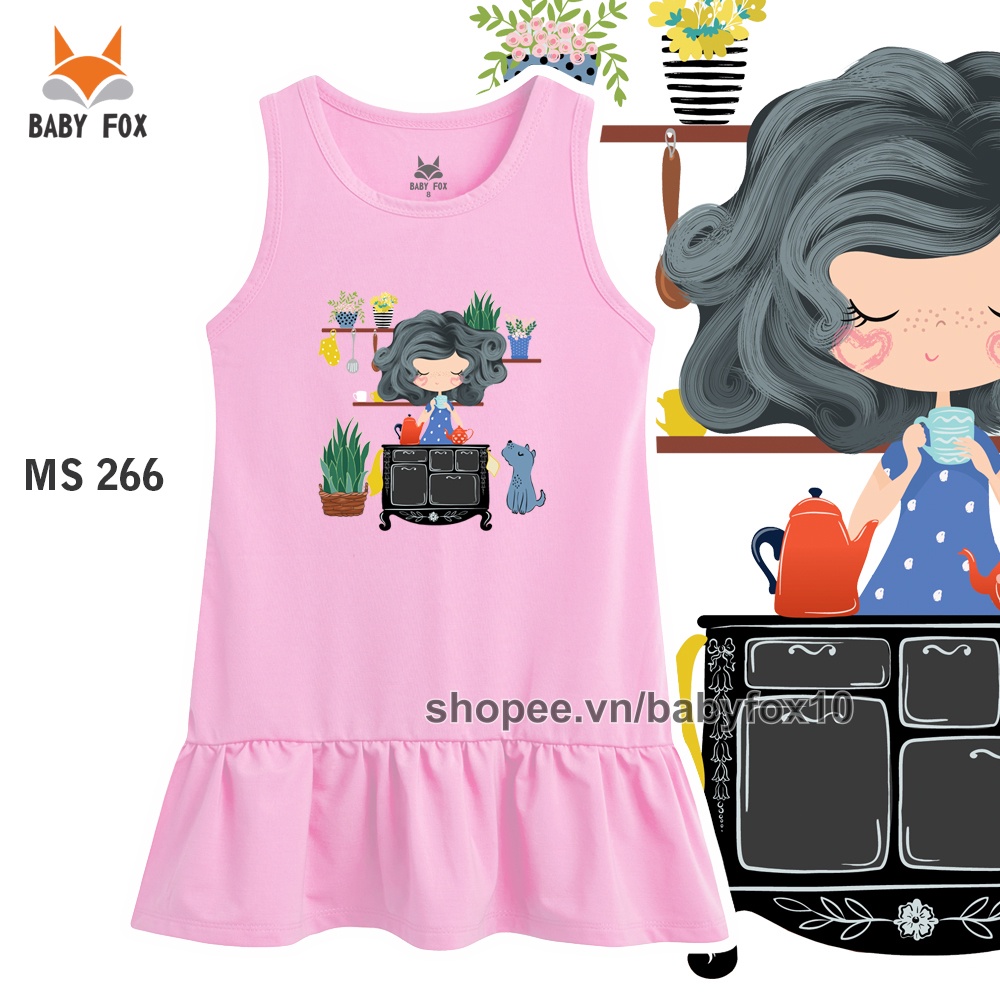 Đầm bé gái 100% cotton loại tốt, thương hiệu BABY FOX, in hình bé gái, size nhỏ, trung, đại  a