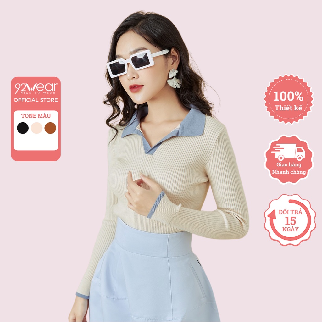 Áo len dài tay mỏng phối cổ 92WEAR, co giãn, tôn dáng ALA0061