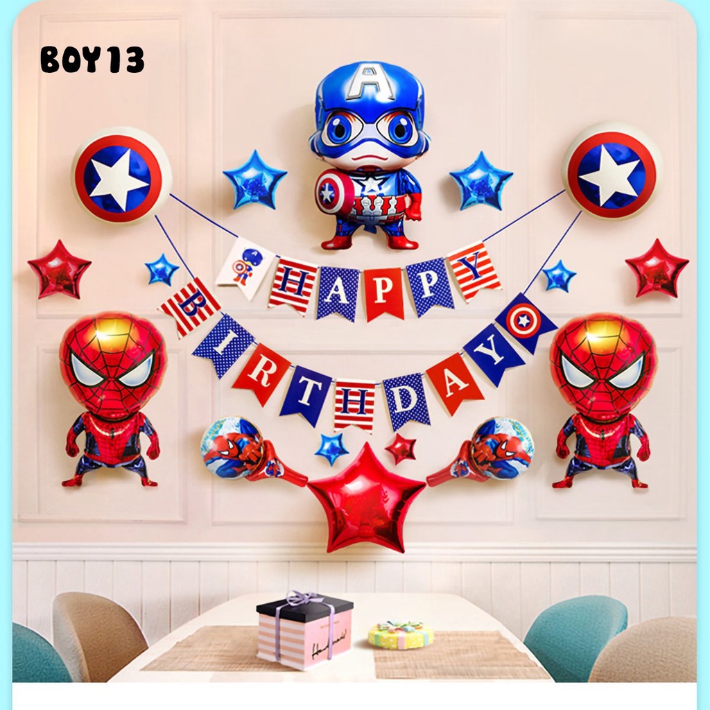 Tặng Bơm + Keo Sét Bóng Trang Trí Sinh Nhật Thôi Nôi Siêu Nhân Người Nhện Captain Bé Trai