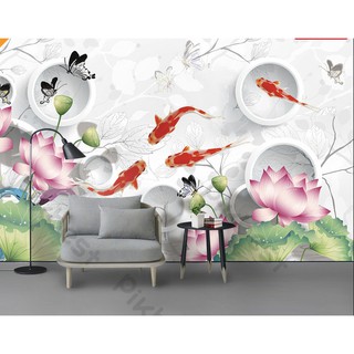 Tranh dán tường Hoa sen bướm và cá chép sang trọng, tranh dán tường 3d hiện đại (tích hợp sẵn keo) MS1022687