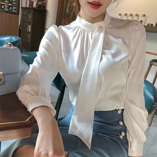 ANU101 - ÁO SƠ MI NỮ LỤA TRẮNG CỔ XẾP CÀI NƠ