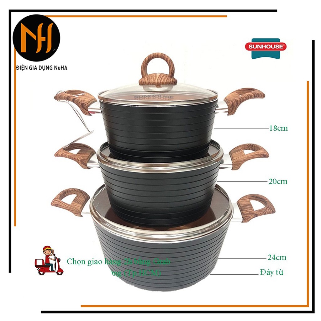 [Có VIDEO]Bộ Nồi CERAMIC Sunhouse đáy từ dùng mọi loại bếp, 3 chiếc cực đẹp, 3 size 18/20/24cm, có bán lẻ size