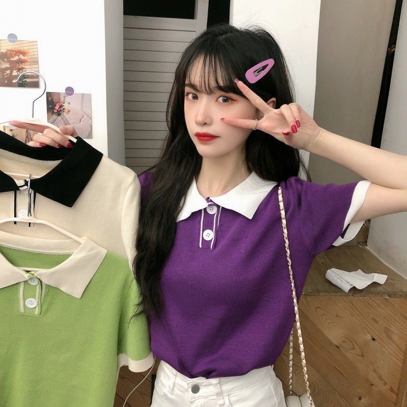 Áo polo dệt kim vải lụa lạnh mỏng tay ngắn phong cách Hàn Quốc cho nữ