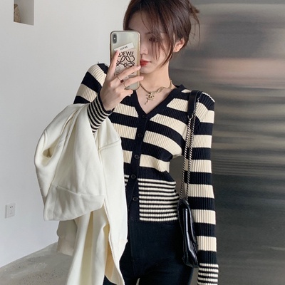 Áo cardigan ZHELIHANGFEI dệt kim dài tay cổ chữ V eo cao kẻ sọc phong cách retro
