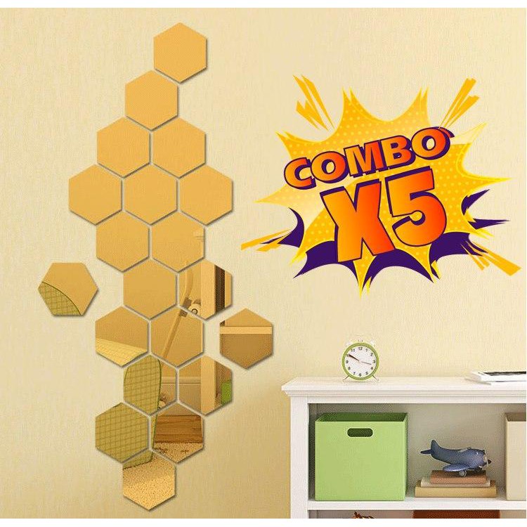 [ GIẢM GIÁ HÀNG LOẠT] Combo 5 Set 12 Miếng Dán Tường Tráng Gương Hình Lục Giác Chống Thấm Nước