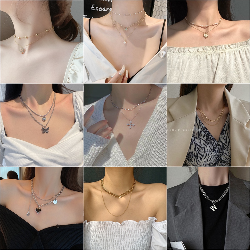 Vòng cổ Nhiều Lớp Mặt Hình Trái Tim/ Bướm/ Gấu/ Chữ Cái Phong Cách Hàn Quốc Thời Trang Cho Nữ