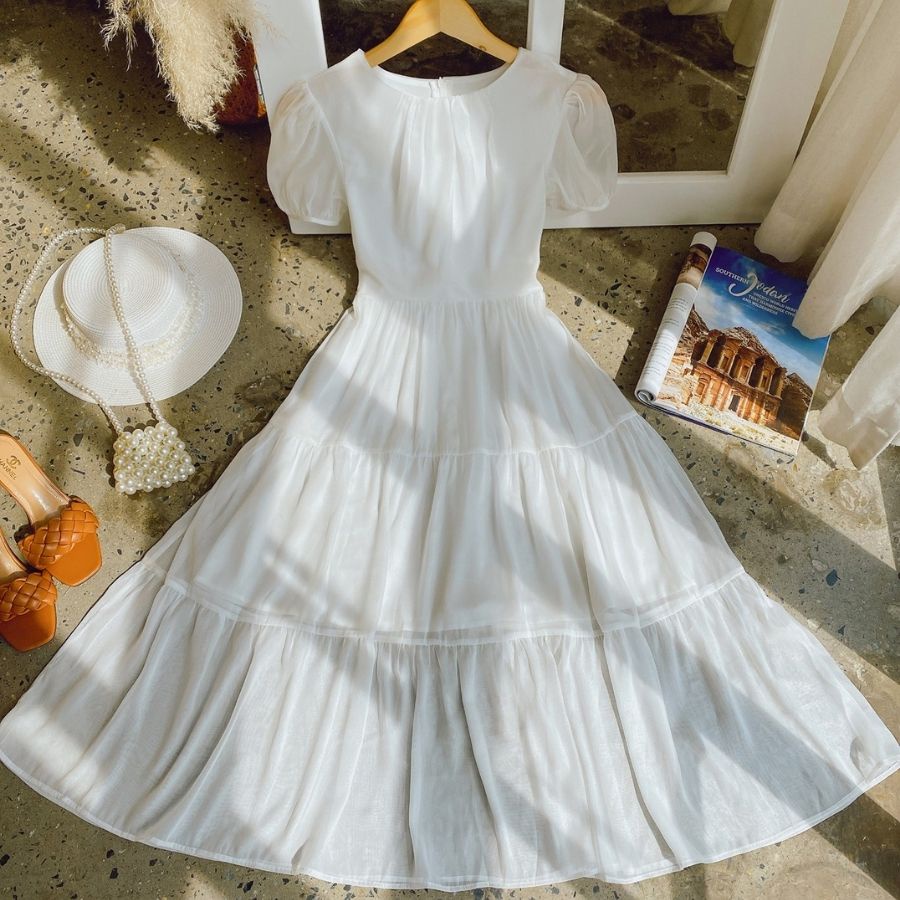 Đầm xòe tầng cách điệu, váy tơ hàn mỏng nhẹ có lớp lót Design By Giian V1877 | WebRaoVat - webraovat.net.vn