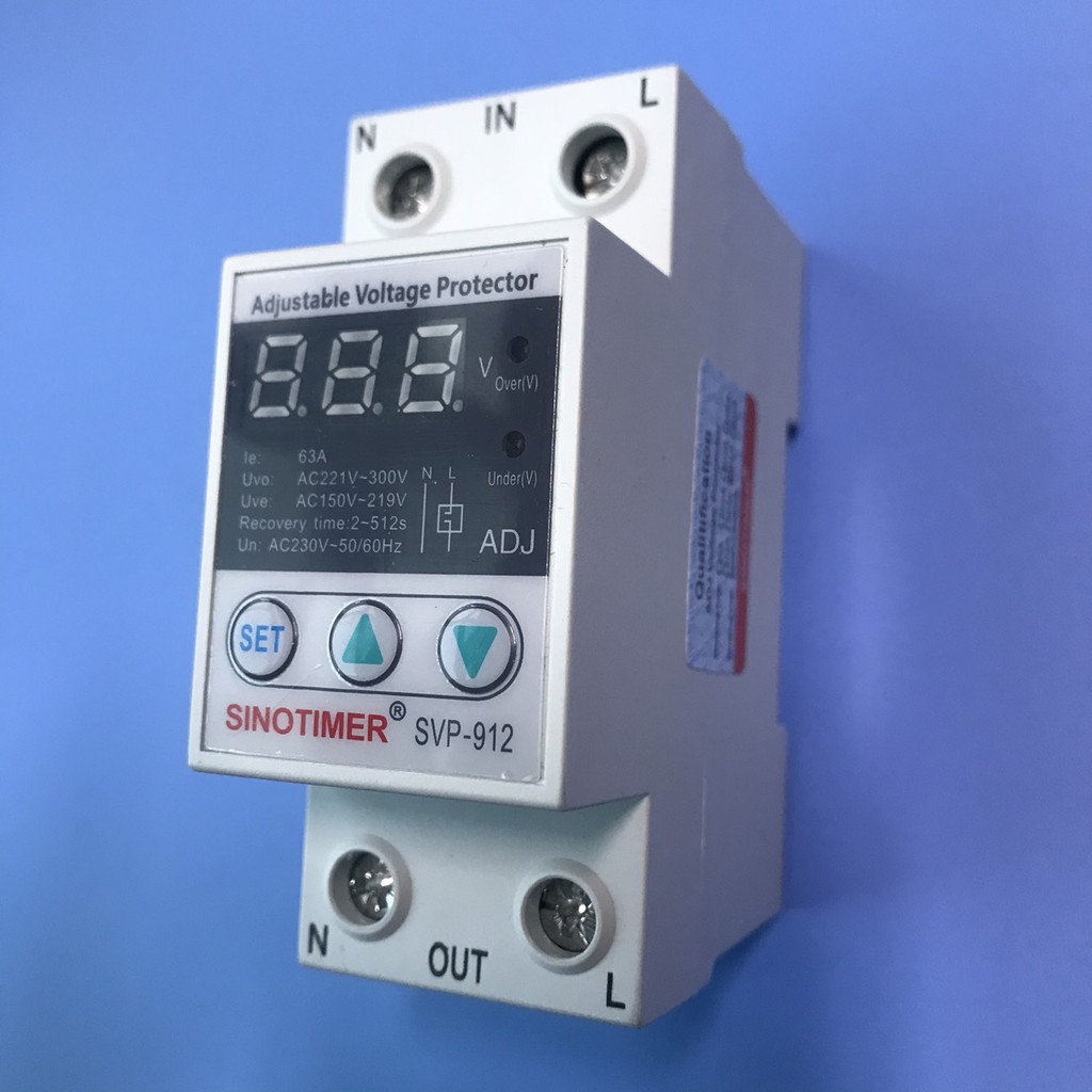 Rơ le bảo vệ điện áp 220V  dòng lớn 63A, cao áp, thấp áp, mất trung tính, Sinotimer SVP-912-63A, LED hiện điện áp