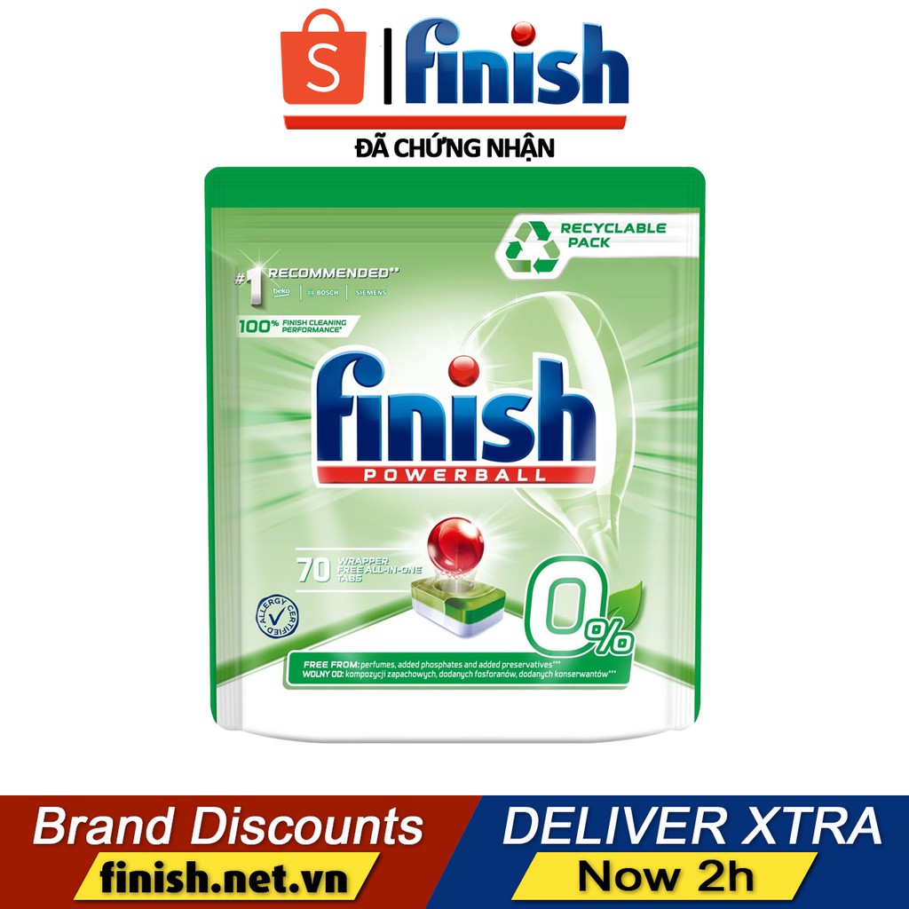 Combo Viên rửa bát Finish Eco 0%, nước làm bóng Finish Eco 0% và muối rửa bát Finish 1.2kg