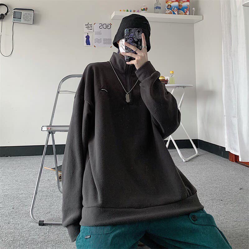 Áo Nỉ Lông Cổ Khóa Hàn Quốc - Áo Nỉ Bông Dáng Rộng Unisex Siêu Hot | BigBuy360 - bigbuy360.vn